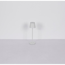 Nabíjecí stolní lampa, kov bílý matný, akryl bílý, dotykové zap./vyp., plynulý dotykový stmívač, USB-A 2.0 - USB-C, CR18650 1800mAh 3,7V, IP54, plně nabitá po: cca 6 h.; vybitá po: cca 5 h., Ø:11cm, V:38,5cm, LED 4,6W 230V, 350lm zdroj, 220lm výstup,
