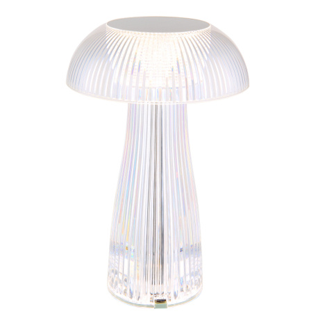 Nabíjecí stolní lampa, čirý plast, stříbrný kov, dotek. zap./vyp., plynulá regulace dotek. stmívačem, baterie CR18650 800 mAh, 3,7V, nabíjení 4h, svícení 6h, svítí i během nabíjení, ø:15cm, výška:25cm, LED 1,5W 5V, zdroj 70lm, výstup 52lm, CCT 2700/4