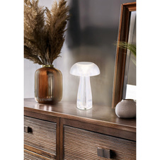 Nabíjecí stolní lampa, čirý plast, stříbrný kov, dotek. zap./vyp., plynulá regulace dotek. stmívačem, baterie CR18650 800 mAh, 3,7V, nabíjení 4h, svícení 6h, svítí i během nabíjení, ø:15cm, výška:25cm, LED 1,5W 5V, zdroj 70lm, výstup 52lm, CCT 2700/4