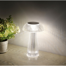 Nabíjecí stolní lampa, čirý plast, stříbrný kov, dotek. zap./vyp., plynulá regulace dotek. stmívačem, baterie CR18650 800 mAh, 3,7V, nabíjení 4h, svícení 6h, svítí i během nabíjení, ø:15cm, výška:25cm, LED 1,5W 5V, zdroj 70lm, výstup 52lm, CCT 2700/4