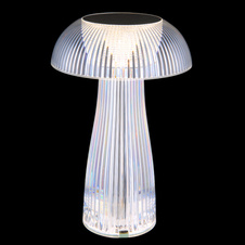 Nabíjecí stolní lampa, čirý plast, stříbrný kov, dotek. zap./vyp., plynulá regulace dotek. stmívačem, baterie CR18650 800 mAh, 3,7V, nabíjení 4h, svícení 6h, svítí i během nabíjení, ø:15cm, výška:25cm, LED 1,5W 5V, zdroj 70lm, výstup 52lm, CCT 2700/4