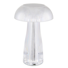 Nabíjecí stolní lampa, čirý plast, stříbrný kov, dotek. zap./vyp., plynulá regulace dotek. stmívačem, baterie CR18650 800 mAh, 3,7V, nabíjení 4h, svícení 6h, svítí i během nabíjení, ø:15cm, výška:25cm, LED 1,5W 5V, zdroj 70lm, výstup 52lm, CCT 2700/4
