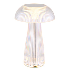 Nabíjecí stolní lampa, čirý plast, stříbrný kov, dotek. zap./vyp., plynulá regulace dotek. stmívačem, baterie CR18650 800 mAh, 3,7V, nabíjení 4h, svícení 6h, svítí i během nabíjení, ø:15cm, výška:25cm, LED 1,5W 5V, zdroj 70lm, výstup 52lm, CCT 2700/4