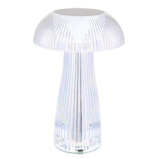 Nabíjecí stolní lampa, čirý plast, stříbrný kov, dotek. zap./vyp., plynulá regulace dotek. stmívačem, baterie CR18650 800 mAh, 3,7V, nabíjení 4h, svícení 6h, svítí i během nabíjení, ø:15cm, výška:25cm, LED 1,5W 5V, zdroj 70lm, výstup 52lm, CCT 2700/4