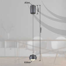 Závěsné svítidlo, kov/hliník šedý matný, akryl bílý, chromový kroužek, kabel PVC černý, ø: 10cm, výška: 180cm, nastavitelná výška od 50-180cm, LED 6W 230V, zdroj 700lm, výstup 300lm, 3000K