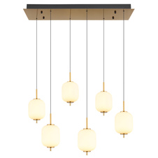 Závěsné svítidlo, mosazný kov, matný černý kov, bílé sklo, černý PVC kabel, DxŠxV: 81x30x220cm, výškově nastavitelné od 55cm do 220cm, LED 40W 230V, zdroj 4650lm, výstup 2176lm, 3000K