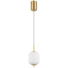 Závěsné svítidlo, kov mosazné barvy, bílé sklo, černý PVC kabel, ø: 13,5cm, výška: 220cm, nastavitelná výška od 70cm do 220cm, LED 7W 230V, zdroj 867lm, výstup 703lm, 3000K