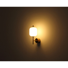 Nástěnné svítidlo, kov mosazné barvy, sklo bílé, směr světla: nahoru, ŠxV: 13,5x32,5cm, hloubka: 18,5cm, LED 7W 230V, zdroj 779lm, výstup 606lm, 3000K