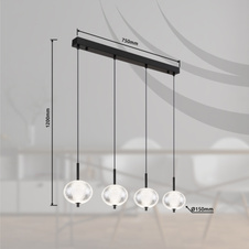 Závěsné svítidlo, kov černý matný, čirý akryl, kabel PVC černý, několik úrovní pomocí nástěnného spínače, paměťová funkce, možnost zkrácení výšky, DxŠxV: 85x15x120cm, LED 23W 230V, zdroj 2900lm, výstup 1562lm, CCT 3000/4500/6500K