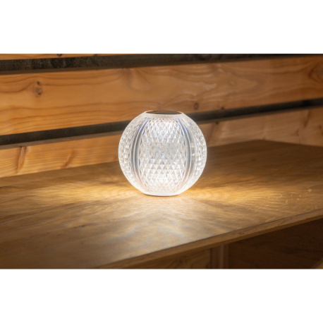 Nabíjecí stolní lampa, čirý akryl, plast nikl matný, černý PVC kabel, dotykové zapínání/vypínání, plynulý dotykový stmívač, paměť, baterie CR18650 1800mAh, 3,7V, nabíjení cca 4h, svícení 4-6h., ø: 12cm, LED 2W 230V, zdroj 180lm, výstup 85lm, 3000K