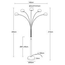 Stojanové svítidlo, kov, nikl matný, mramor, sklo, stmívač (stmívání nefunguje s LED žárovkami), DxŠxV: 140x110x210cm, bez žárovek 5xE14, max. 40W 230V.
