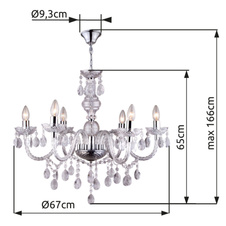 Závěsné svítidlo, kov, chrom, akrylové křišťály, Ø67cm, V:166cm, bez žárovek 6xE14, max. 40W 230V.