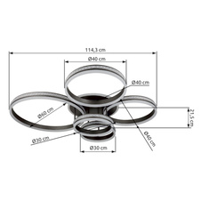 Stropní svítidlo, kov/hliník titan, akryl bílý, stmívatelné, několik úrovní pomocí nástěnného vypínače, paměť, dál.ovládání, DxŠxV:114x91x21,5cm, průměr kruhů: 2x30cm, 2x40cm,1x60cm, LED 120W 230V, zdroj 1265-12580lm, výstup 545-4900lm, CCT2700-6000K