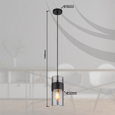 Závěsné svítidlo, kov černý matný, sklo kouřové barvy, textilní kabel černý, možnost zkrácení výšky, ø: 12cm, výška: 150cm, bez žárovky 1xE27, max. 60W 230V