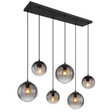Závěsné svítidlo, kov černý matný, sklo kouřové barvy/čiré, kabel PVC černý, možnost zkrácení výšky, DxŠxV: 93x41x120cm, rozměry skel: 3x 17cm, 23cm, bez žárovek 6xE27, 60W 230V