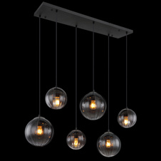 Závěsné svítidlo, kov černý matný, sklo kouřové barvy/čiré, kabel PVC černý, možnost zkrácení výšky, DxŠxV: 93x41x120cm, rozměry skel: 3x 17cm, 23cm, bez žárovek 6xE27, 60W 230V