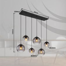 Závěsné svítidlo, kov černý matný, sklo kouřové barvy/čiré, kabel PVC černý, možnost zkrácení výšky, DxŠxV: 93x41x120cm, rozměry skel: 3x 17cm, 23cm, bez žárovek 6xE27, 60W 230V