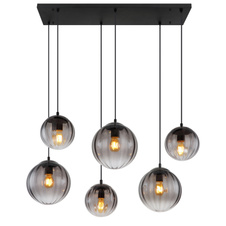 Závěsné svítidlo, kov černý matný, sklo kouřové barvy/čiré, kabel PVC černý, možnost zkrácení výšky, DxŠxV: 93x41x120cm, rozměry skel: 3x 17cm, 23cm, bez žárovek 6xE27, 60W 230V