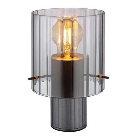 Stolní lampa, kov šedý tmavý, sklo kouřové barvy s drážkami, textilní kabel černý, kolébkový vypínač na kabelu, ø: 14cm, výška: 22cm, délka kabelu 150cm, bez žárovky 1xE27, max. 40W 230V