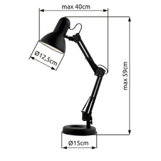 Stolní svítidlo, kov černý, plast, nastavitelné, vypínač, ŠxV: 40x59cm, bez žárovky 1xE27, max. 40W 230V.