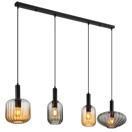 Závěsné svítidlo, kov černý matný, sklo, kabel PVC černý, možnost zkrácení výšky, různé tvary skel, 2x jantarové, 2x kouřové, DxŠxV: 127x30x150cm, kouřová ø: 30cm, ø:14cm, jantarová ø: 20cm a ø: 14cm, bez žárovek 4xE27, max. 60W 230V