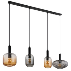 Závěsné svítidlo, kov černý matný, sklo, kabel PVC černý, možnost zkrácení výšky, různé tvary skel, 2x jantarové, 2x kouřové, DxŠxV: 127x30x150cm, kouřová ø: 30cm, ø:14cm, jantarová ø: 20cm a ø: 14cm, bez žárovek 4xE27, max. 60W 230V