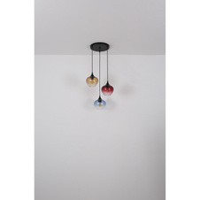 Závěsné svítidlo, kov černý matný, sklo modré/čiré, červené/čiré, jantarové/čiré, kabel PVC černý, všechna skla s barevným přechodem, skla s drážkami, ø: 45cm, výška: 150cm, bez žárovek 3xE27, 60W 230V