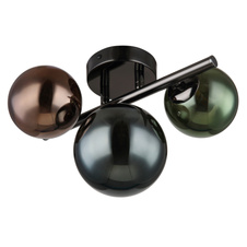 Stropní svítidlo, kov šedý matný, skleněné koule, barvy skla: bronzová, zelená, petrolejová, DxŠxV:28,3x20,8x18,9cm, rozměry skla: 2x10cm, 1x12cm, včetně 3xG9 LED 3,5W 220V, 3000K