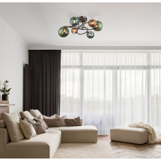 Stropní svítidlo, kov šedý matný, skleněné koule, barvy skla: bronzová, zelená, petrolejová, Ø:65cm, V:25cm, rozměry skla: 2x15cm, 2x12cm, 2x10cm, včetně 6xG9 LED 3,5W 2 výstup 290lm, 3000K