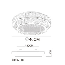Stropní svítidlo, kov chrom, křišťály K5/čirý akryl, stmívatelné, několik úrovní nástěnným spínačem, paměť, dálkové ovládání, ø: 400mm V: 115mm, včetně LED 38W 230V, zdroj 633-5033lm, výkon 358-2818lm, CCT 2700-6000K