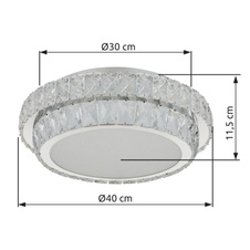 Stropní svítidlo, kov chrom, křišťály K5/čirý akryl, stmívatelné, několik úrovní nástěnným spínačem, paměť, dálkové ovládání, ø: 400mm V: 115mm, včetně LED 38W 230V, zdroj 633-5033lm, výkon 358-2818lm, CCT 2700-6000K