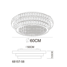 Stropní svítidlo, kov chrom, krystaly K5/akrylové čiré, stmívatelné, několik úrovní pomocí nástěnného vypínače, paměť, dálkové ovládání, baterie 2xAAA, Ø:60cm, V:15,5cm, LED 58W 230V, zdroj 700-7034lm, výstup 400-3805lm, CCT 2700-6000K