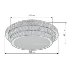 Stropní svítidlo, kov chrom, krystaly K5/akrylové čiré, stmívatelné, několik úrovní pomocí nástěnného vypínače, paměť, dálkové ovládání, baterie 2xAAA, Ø:60cm, V:15,5cm, LED 58W 230V, zdroj 700-7034lm, výstup 400-3805lm, CCT 2700-6000K