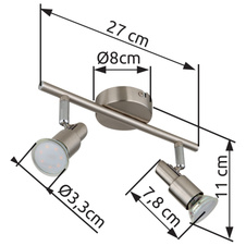 Nástěnné svítidlo, kov nikl matný, kov chrom, DxŠxV:27x8x11cm, včetně žárovky 2xGU10 LED 3W 230V, zdroj 250lm, výstup 250lm, 3000K