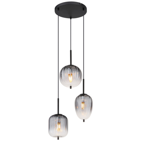 Závěsné svítidlo, kov černý matný, sklo kouřová barva/čiré, kabel PVC černý, možnost zkrácení výšky, ø: 46cm, výška: 120cm, průměr skel: 1x 15,8cm, 16,5cm, 18,5cm , bez žárovek 3xE14, max. 40W 230V