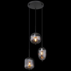 Závěsné svítidlo, kov černý matný, sklo kouřová barva/čiré, kabel PVC černý, možnost zkrácení výšky, ø: 46cm, výška: 120cm, průměr skel: 1x 15,8cm, 16,5cm, 18,5cm , bez žárovek 3xE14, max. 40W 230V
