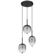 Závěsné svítidlo, kov černý matný, sklo kouřová barva/čiré, kabel PVC černý, možnost zkrácení výšky, ø: 46cm, výška: 120cm, průměr skel: 1x 15,8cm, 16,5cm, 18,5cm , bez žárovek 3xE14, max. 40W 230V