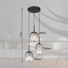 Závěsné svítidlo, kov černý matný, sklo kouřová barva/čiré, kabel PVC černý, možnost zkrácení výšky, ø: 46cm, výška: 120cm, průměr skel: 1x 15,8cm, 16,5cm, 18,5cm , bez žárovek 3xE14, max. 40W 230V