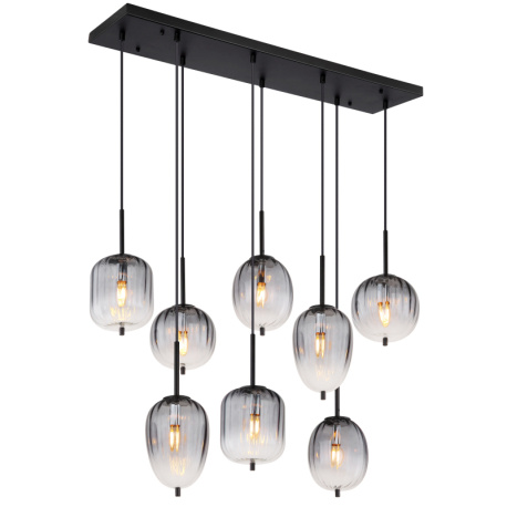 Závěsné svítidlo, kov černý matný, sklo kouřová barva/čiré, kabel PVC černý, možnost zkrácení výšky, DxŠxV: 103x33x120cm, rozměry skel: 2x 16cm, 4x 16,5cm, 2x 18,5cm, bez žárovek 8xE14, max. 40W 230V