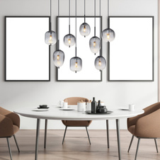 Závěsné svítidlo, kov černý matný, sklo kouřová barva/čiré, kabel PVC černý, možnost zkrácení výšky, DxŠxV: 103x33x120cm, rozměry skel: 2x 16cm, 4x 16,5cm, 2x 18,5cm, bez žárovek 8xE14, max. 40W 230V
