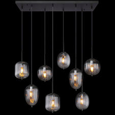 Závěsné svítidlo, kov černý matný, sklo kouřová barva/čiré, kabel PVC černý, možnost zkrácení výšky, DxŠxV: 103x33x120cm, rozměry skel: 2x 16cm, 4x 16,5cm, 2x 18,5cm, bez žárovek 8xE14, max. 40W 230V