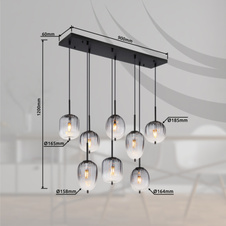 Závěsné svítidlo, kov černý matný, sklo kouřová barva/čiré, kabel PVC černý, možnost zkrácení výšky, DxŠxV: 103x33x120cm, rozměry skel: 2x 16cm, 4x 16,5cm, 2x 18,5cm, bez žárovek 8xE14, max. 40W 230V