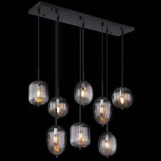 Závěsné svítidlo, kov černý matný, sklo kouřová barva/čiré, kabel PVC černý, možnost zkrácení výšky, DxŠxV: 103x33x120cm, rozměry skel: 2x 16cm, 4x 16,5cm, 2x 18,5cm, bez žárovek 8xE14, max. 40W 230V