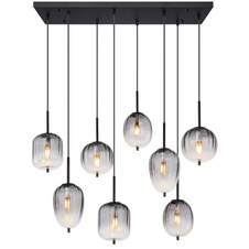 Závěsné svítidlo, kov černý matný, sklo kouřová barva/čiré, kabel PVC černý, možnost zkrácení výšky, DxŠxV: 103x33x120cm, rozměry skel: 2x 16cm, 4x 16,5cm, 2x 18,5cm, bez žárovek 8xE14, max. 40W 230V