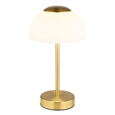 Nabíjecí stolní lampa, kov mosaz matná, sklo bílé, dotykové zapnutí/vypnutí, plynulá regulace dotykovým stmívačem, baterie CR18650 1800mAh, 3,7V, nabíjení 4h, svícení 6-8h., ø: 15cm, výška: 31cm, LED zdroj 243lm, výstup 150lm, CCT 2700/6500/4000K