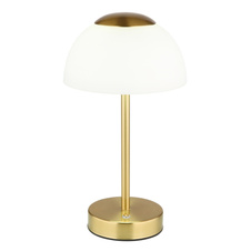 Nabíjecí stolní lampa, kov mosaz matná, sklo bílé, dotykové zapnutí/vypnutí, plynulá regulace dotykovým stmívačem, baterie CR18650 1800mAh, 3,7V, nabíjení 4h, svícení 6-8h., ø: 15cm, výška: 31cm, LED zdroj 243lm, výstup 150lm, CCT 2700/6500/4000K