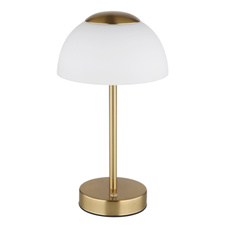 Nabíjecí stolní lampa, kov mosaz matná, sklo bílé, dotykové zapnutí/vypnutí, plynulá regulace dotykovým stmívačem, baterie CR18650 1800mAh, 3,7V, nabíjení 4h, svícení 6-8h., ø: 15cm, výška: 31cm, LED zdroj 243lm, výstup 150lm, CCT 2700/6500/4000K