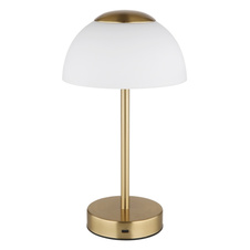 Nabíjecí stolní lampa, kov mosaz matná, sklo bílé, dotykové zapnutí/vypnutí, plynulá regulace dotykovým stmívačem, baterie CR18650 1800mAh, 3,7V, nabíjení 4h, svícení 6-8h., ø: 15cm, výška: 31cm, LED zdroj 243lm, výstup 150lm, CCT 2700/6500/4000K