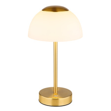 Nabíjecí stolní lampa, kov mosaz matná, sklo bílé, dotykové zapnutí/vypnutí, plynulá regulace dotykovým stmívačem, baterie CR18650 1800mAh, 3,7V, nabíjení 4h, svícení 6-8h., ø: 15cm, výška: 31cm, LED zdroj 243lm, výstup 150lm, CCT 2700/6500/4000K