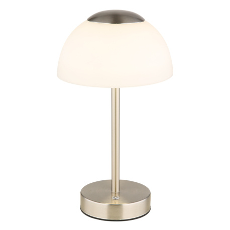 Nabíjecí stolní lampa, kov nikl matný, sklo bílé, dotykové zapnutí/vypnutí, plynulá regulace dotykovým stmívačem, baterie CR18650 1800mAh, 3,7V, nabíjení 4h, svícení 6-8h., ø: 15cm, výška: 31cm, LED zdroj 243lm, výstup 150lm, CCT 2700/6500/4000K
